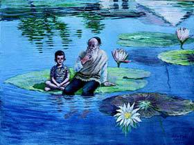 Painting of young boy sitting with old man on lilly pad.