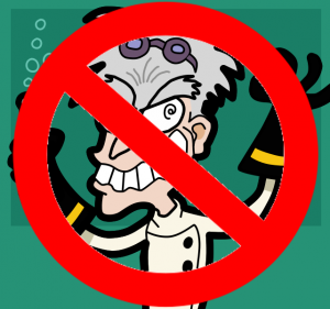 image of mad scientist with circle and bar to negate him