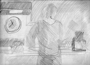 sketch of woman's back as she stands in front of a kitchen sink