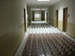 image of 5,000 styrofoam cups in a hallway