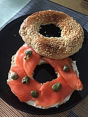 photo of bagel with lox, cream cheese, and capers