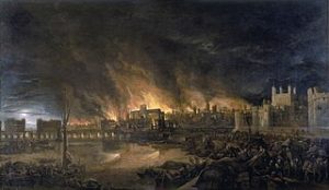 Painting of the great fire of London, England.