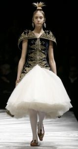 Photo of a model wearing a bodice and skirt inspired by trees